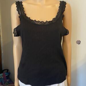 Primark Cami TankTop Black Lace Trim Women L Stretch Ripped Goth